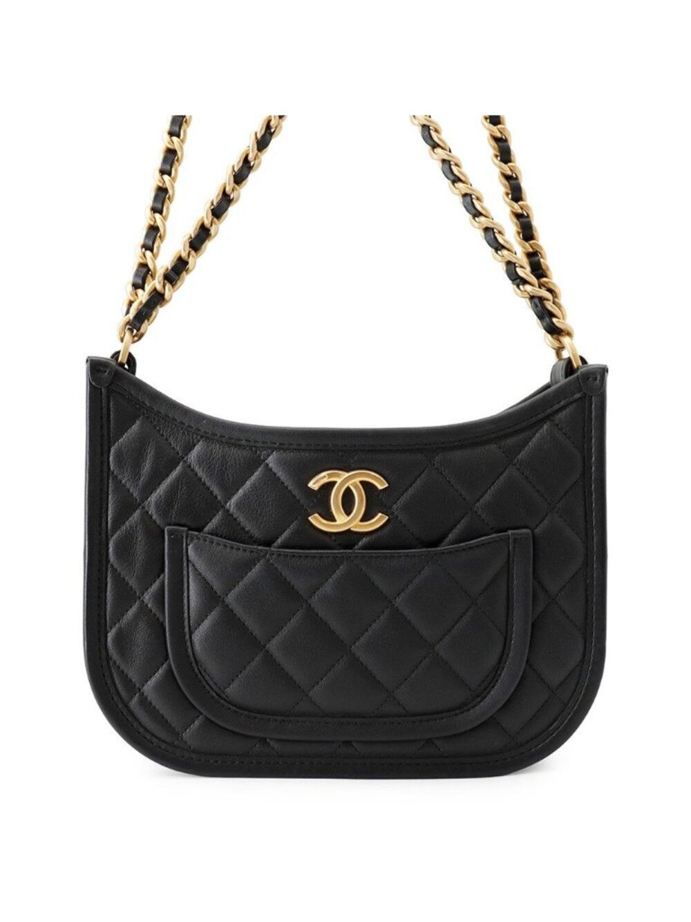 Chanel Chain Shoulder Bag Quilted CC Logo Hobo Calfskin Black